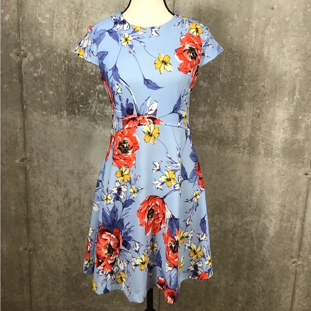 Vince Camuto Womens Floral Fit & Flare Mini Dress Size 4 Blue & Red Short Sleeve - Picture 4 of 16